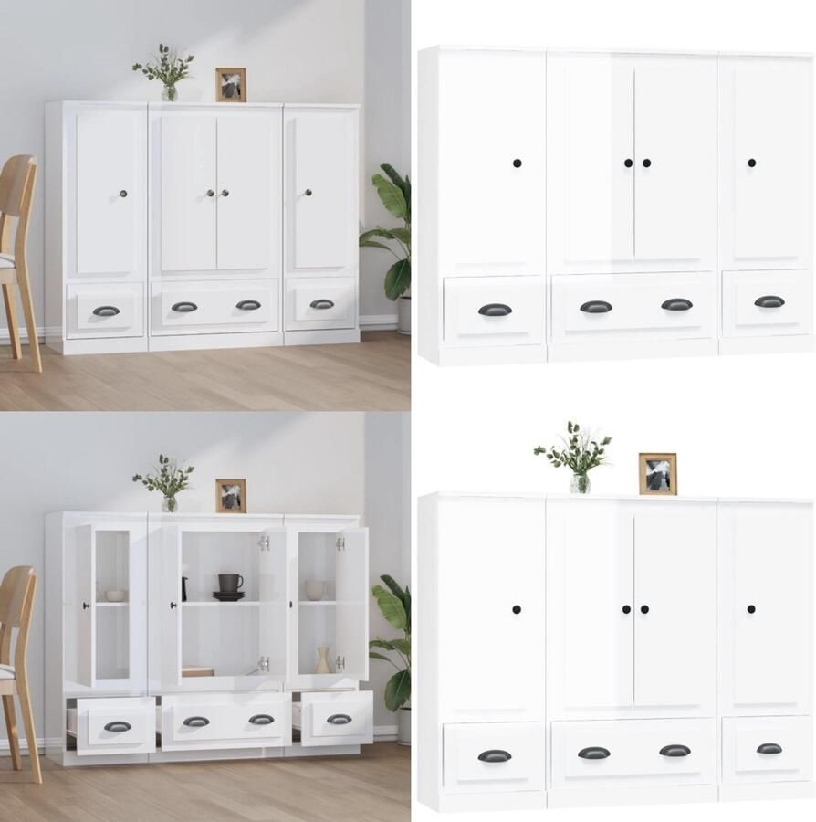 VidaXL Hoge kasten 3 st bewerkt hout hoogglans wit Hoge Kast Hoge Kasten Dressoir Kast