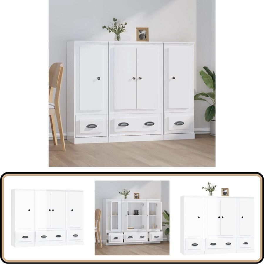 VidaXL Hoge kasten 3 stuks Hoogglans wit Bewerkt hout Hoge Kast Dressoir Vitrinekast Opslagruimte Keukenmeubel