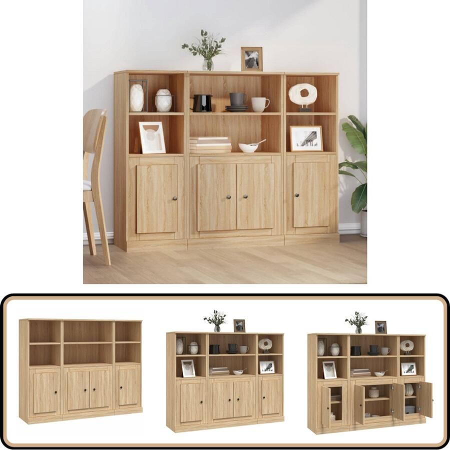 VidaXL Hoge kasten 3 st Sonoma Eikenhout Hoge Kast Opslagkast Houten Kast Salontafel Woonkamermeubel