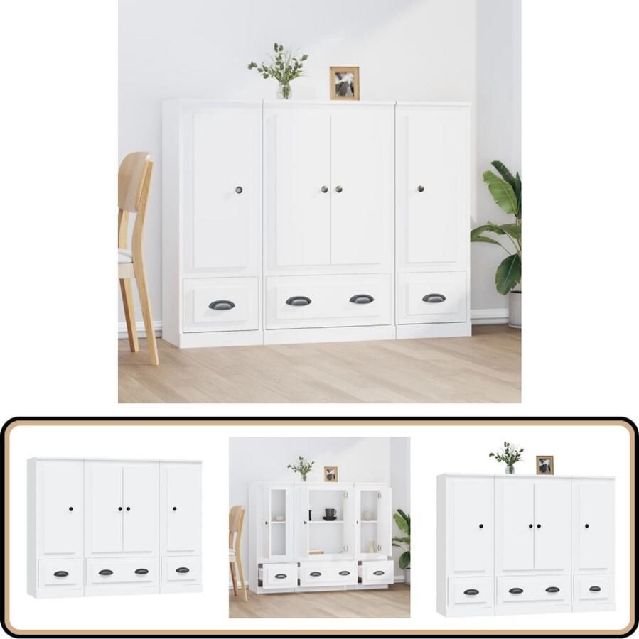 VidaXL Hoge kasten Wit Set van 3 Bewerkt hout Hoge Kast Wit Kast Houten Kast Opslagoplossing Woonaccessoires