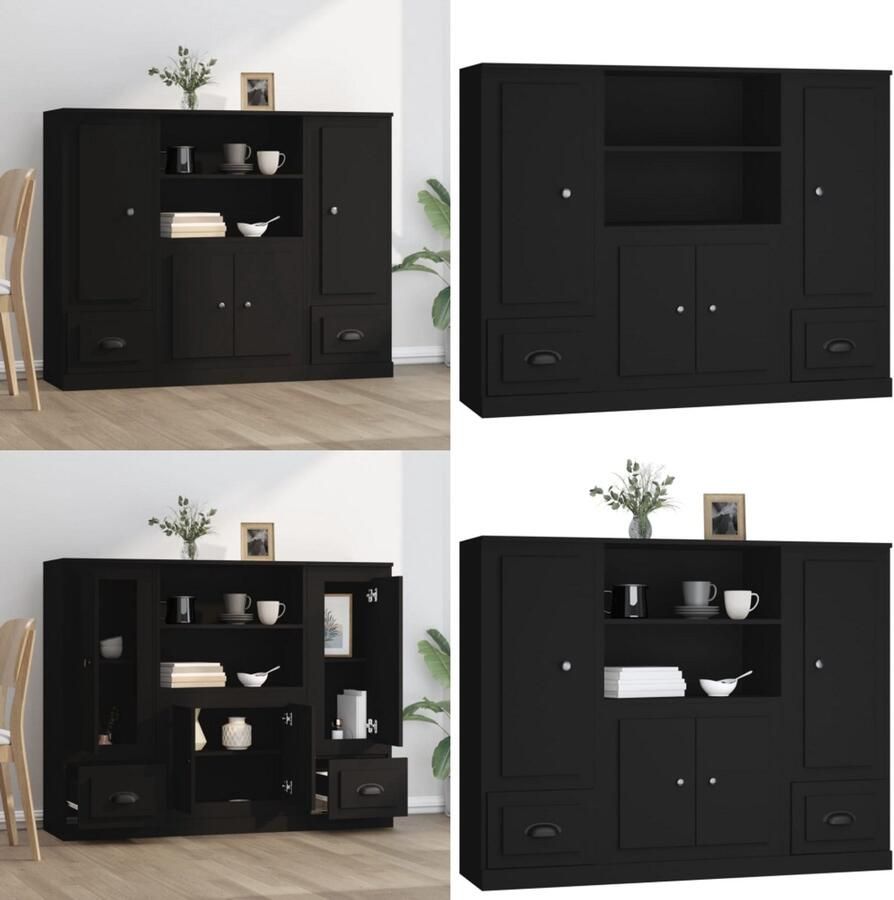 VidaXL Hoge kasten 3 st bewerkt hout zwart Hoge Kast Hoge Kasten Dressoir Kast