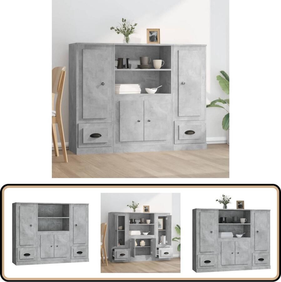 VidaXL Hoge kasten 3 stuks Bewerkt hout Betongrijs Hoge Kasten Buffetkast Opslagruimte Houten Kast Scandinavisch Design - Foto 2