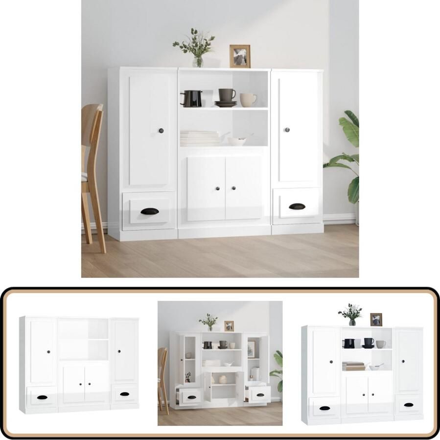 VidaXL Hoge kasten 3 stuks Hoogglans wit Hout Hoge Kast Dressoir Buffetkast Witte Kast Houten Kast - Foto 2
