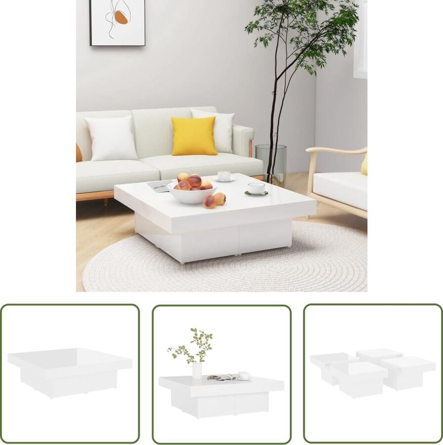 The Living Store Salontafel Hoogglans wit 90 x 90 x 28 cm Stabiel en duurzaam Eenvoudig te onderhouden Salontafel Hogglans Wit Houten Salontafel Salontafeltje Coffeetable - Foto 2