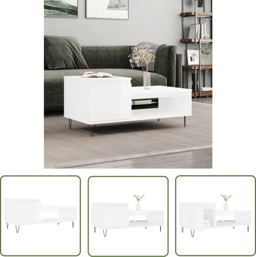 The Living Store Salontafel Hoogglans Wit 100 x 50 x 45 cm Bewerkt Hout en Metaal Salontafel Hogglans Witte Salontafel Houten Salontafel Met Lade Design Salontafel