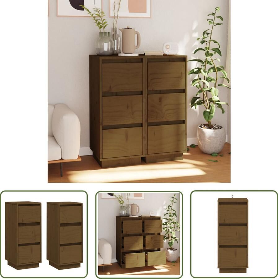 The Living Store Dressoirs 2 st 32x34x75 cm massief grenenhout honingbruin Bijzetkast Dressoir Hout Meubel Grenenhouten Kast Vintage Kast