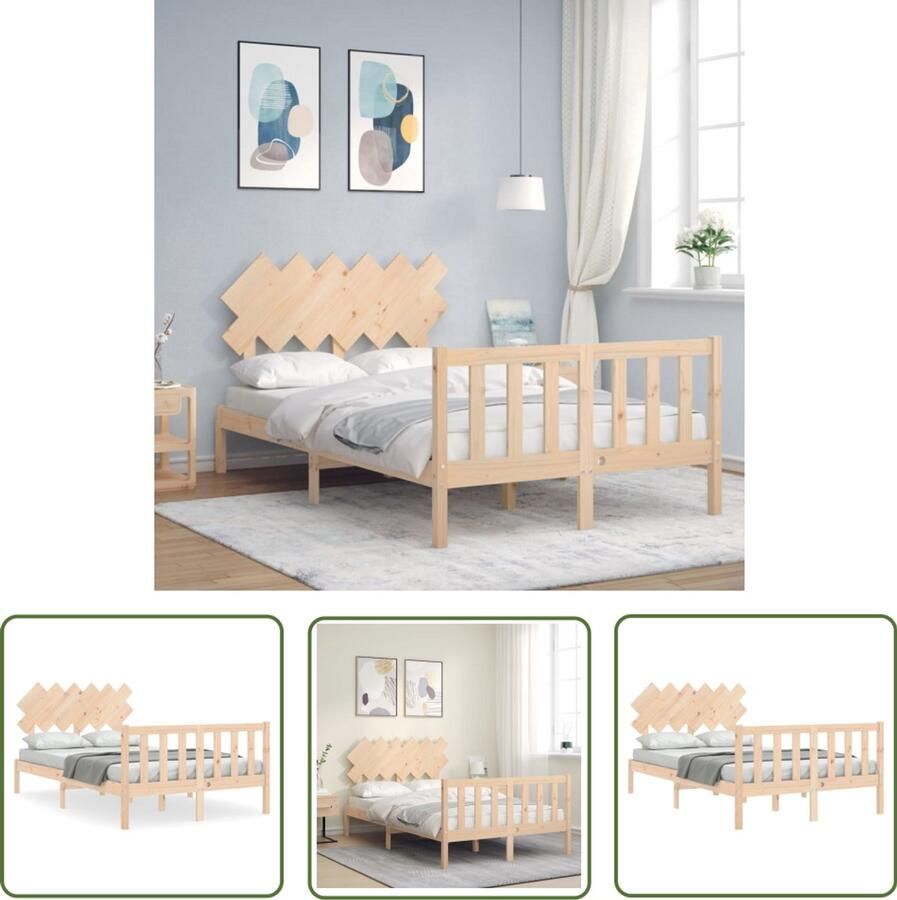 VidaXL Hoofd Bord Bed Massief Grenenhout Bed Frame Bedframe met hoofdbord massief hout Tweepersoons Bed Frame 135x190 Houten Bed Frame