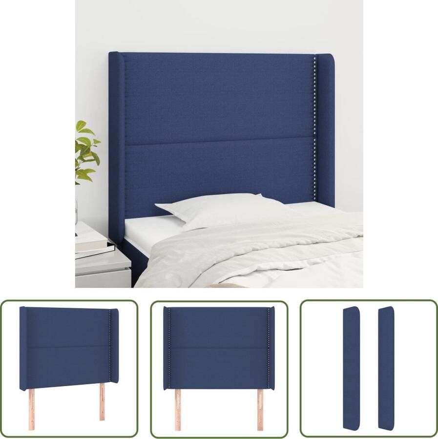 The Living Store Hoofdbord 93x16x118 128 cm Blauw stof Houten poten Verstelbare hoogte Comfortabele ondersteuning Montagehandleiding 100% polyester Blauwe Hoofdbord Hoofd Bord Hoofdkussen Beddecoratie Slaapkamers