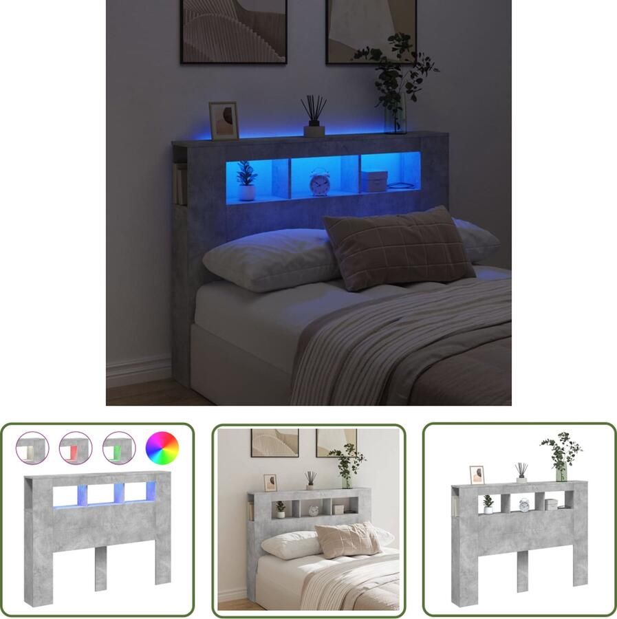 The Living Store Hoofdeinde met LED 140x18 5x103 5 cm bewerkt hout betongrijs LED Hoofdbord Hoofd Bord Houten Hoofdbord Led Verlichting Rgb Verlichting