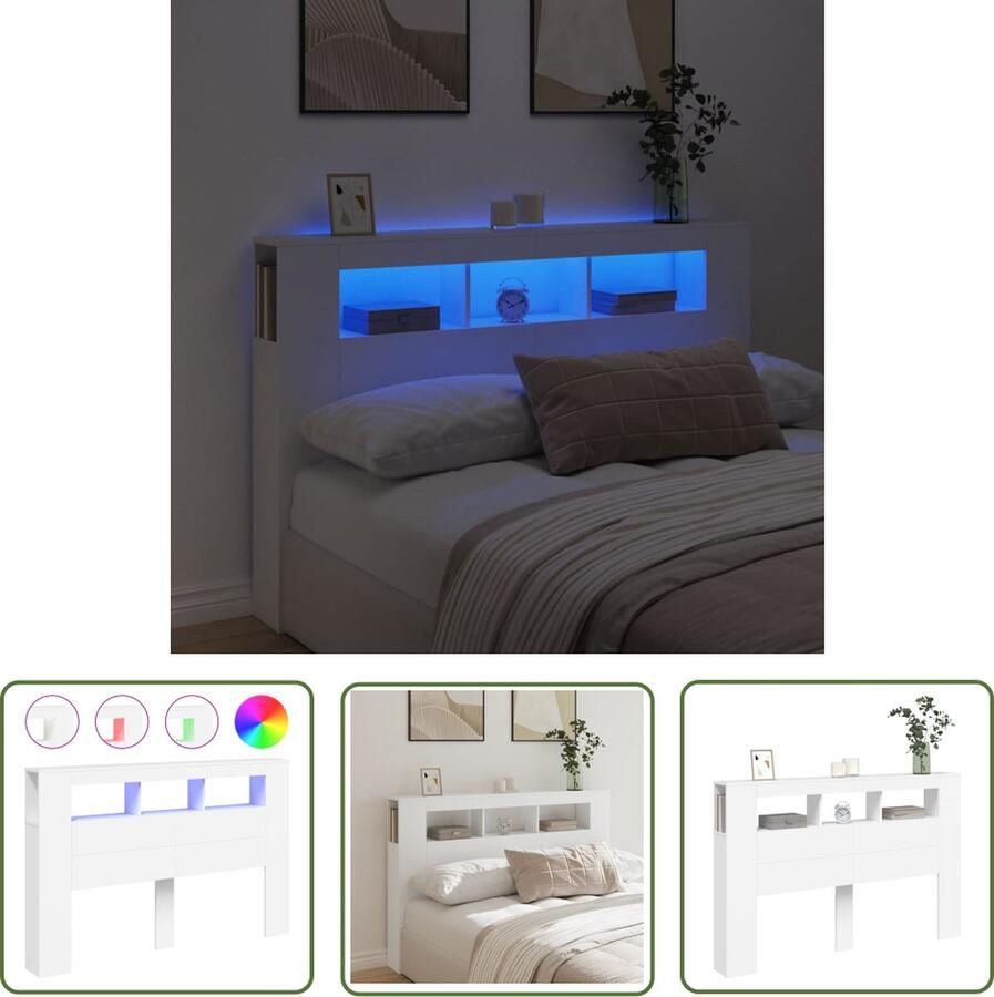 The Living Store Hoofdeinde met LED 160x18 5x103 5 cm bewerkt hout wit LED Hoofdbord Hoofd Bord Led Rgb Verlichting Hoofdbord Met Lampjes Houten Hoofdbord