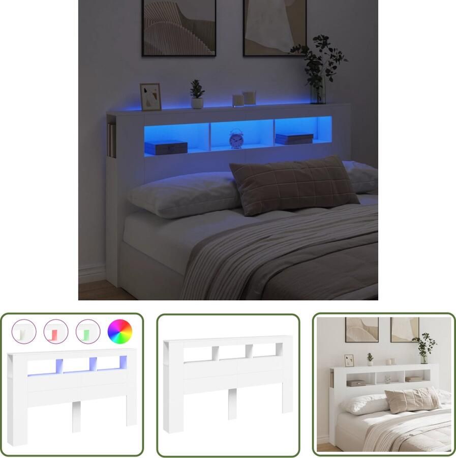 The Living Store Hoofdeinde met LED 180x18 5x103 5 cm bewerkt hout wit LED Hoofdbord Hoofd Bord Led Rgb Verlichting Houten Hoofdbord Met Lampjes