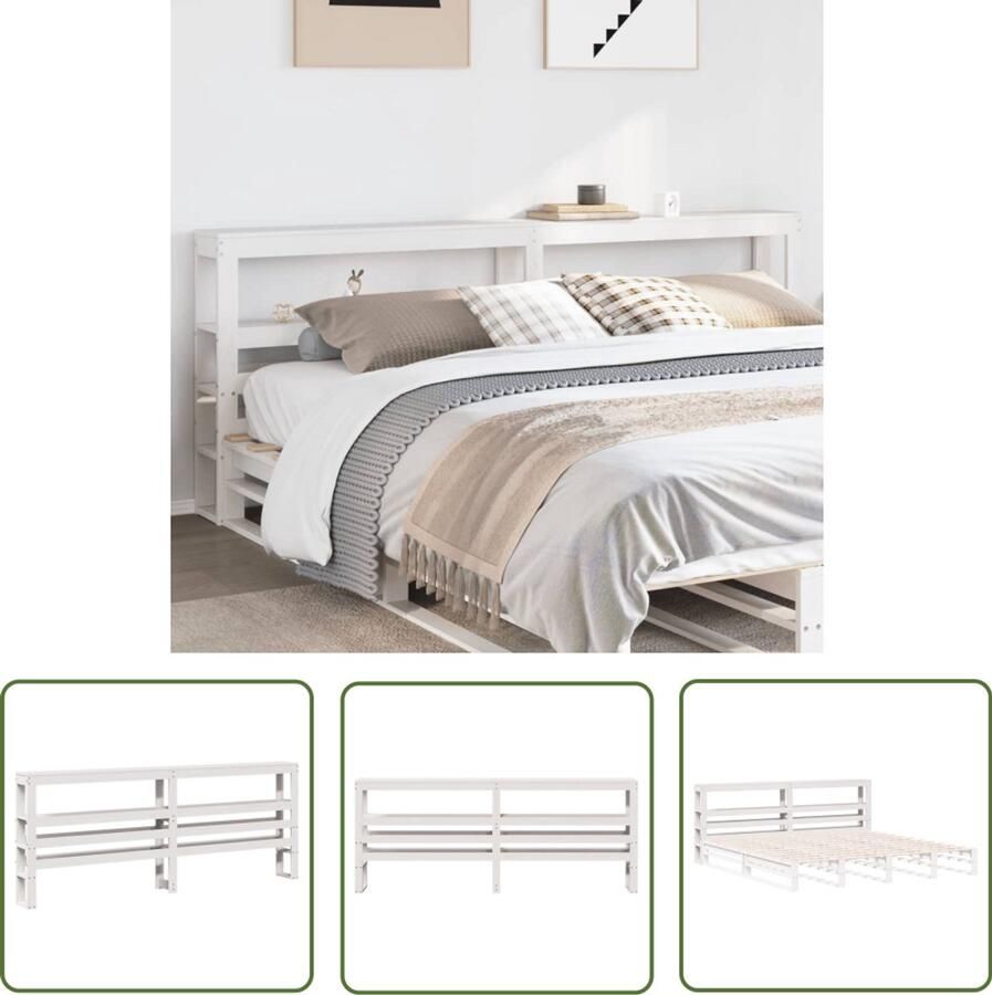 The Living Store Hoofdbord met schappen 200 cm massief grenenhout wit Hoofdbord Hoofdbekleding Houten Hoofdbord Grenenhout Wit Hoofdbord