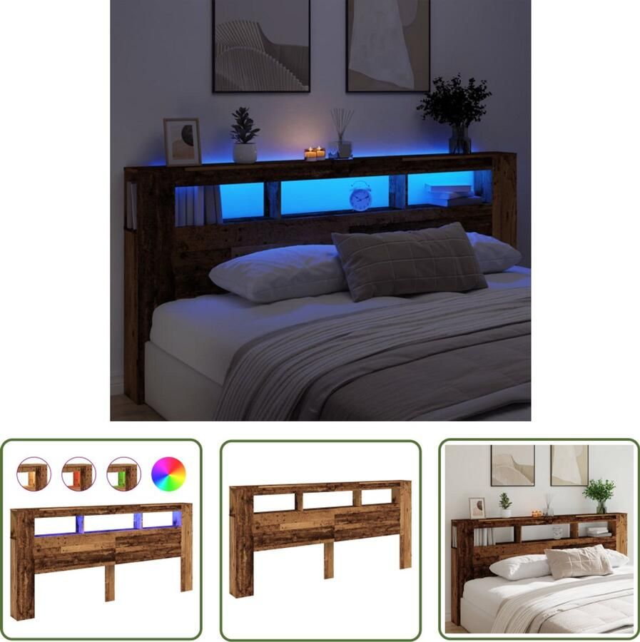 The Living Store Hoofdeinde met LED 220x18 5x103 5 cm bewerkt hout oud hout LED Hoofdbord Hoofdbekleding Design Hoofdbord Houten Hoofdbord Vintage Hoofdbord