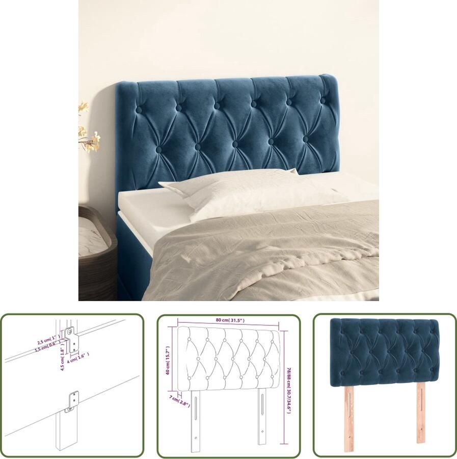 The Living Store Klassiek Hoofdbord Fluwelen Stof Stevige Houten Poten Verstelbare Hoogte Comfortabele Ondersteuning Donkerblauw 80 x 7 x 78 88 cm - Foto 2