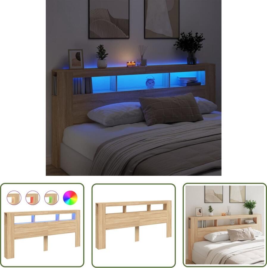 The Living Store LED-hoofdbord Sonoma Eiken 220 x 18.5 x 103.5 cm RGB LED-verlichting LED Hoofdbord Hoofdboard Led Hoofdbord Bedroom Houten Hoofdbord Sonoma Eiken