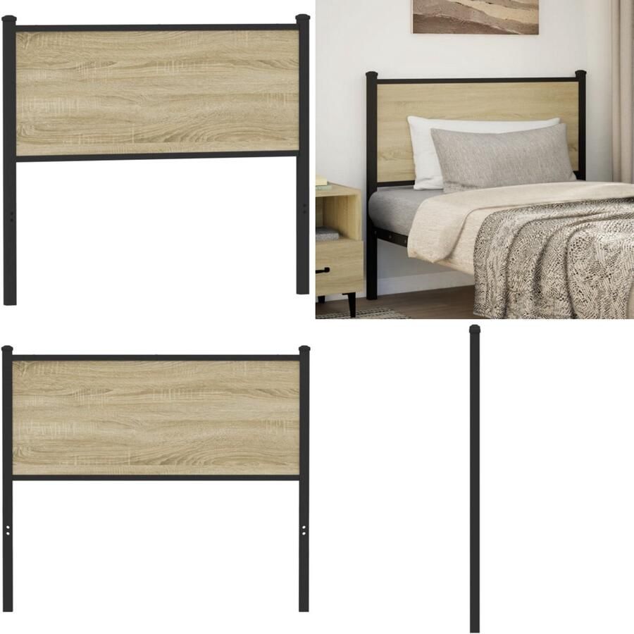 VidaXL Hoofdbord 107 cm bewerkt hout en staal sonoma eikenkleurig Hoofdbord Hoofdborden Bedhoofdbord Hoofdbord Bed