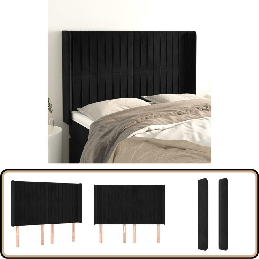VidaXL Hoofdbord 147x16x118 128 cm Fluweel Zwart Hoofd Bord Hoofdkussen Velvet Zwarte Kleur Luxe Beddengoed Slaapcomfort Leeshoek Tv Hoek