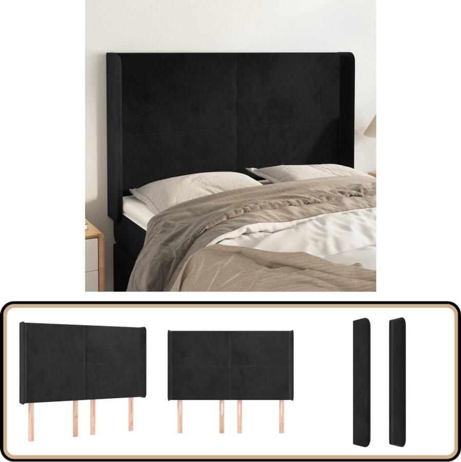 VidaXL Hoofdbord 147x16x128 cm Fluweel Zwart Hoofd Bord Hoofdkussen Velvet Zwarte Stoffen Beddecoratie Slaapkamerstijl Modern Interieur Elegant Hoofdbord