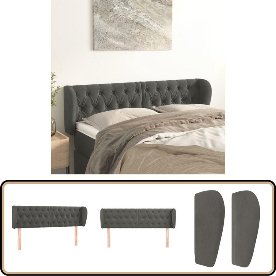 VidaXL Hoofdbord 147x23x78 88 cm Fluweel Donkergrijs Hoofd Bord Hoofdkussen Bedding Accessoires Luxe Bedding Velvet Headboard Grijs Headboard