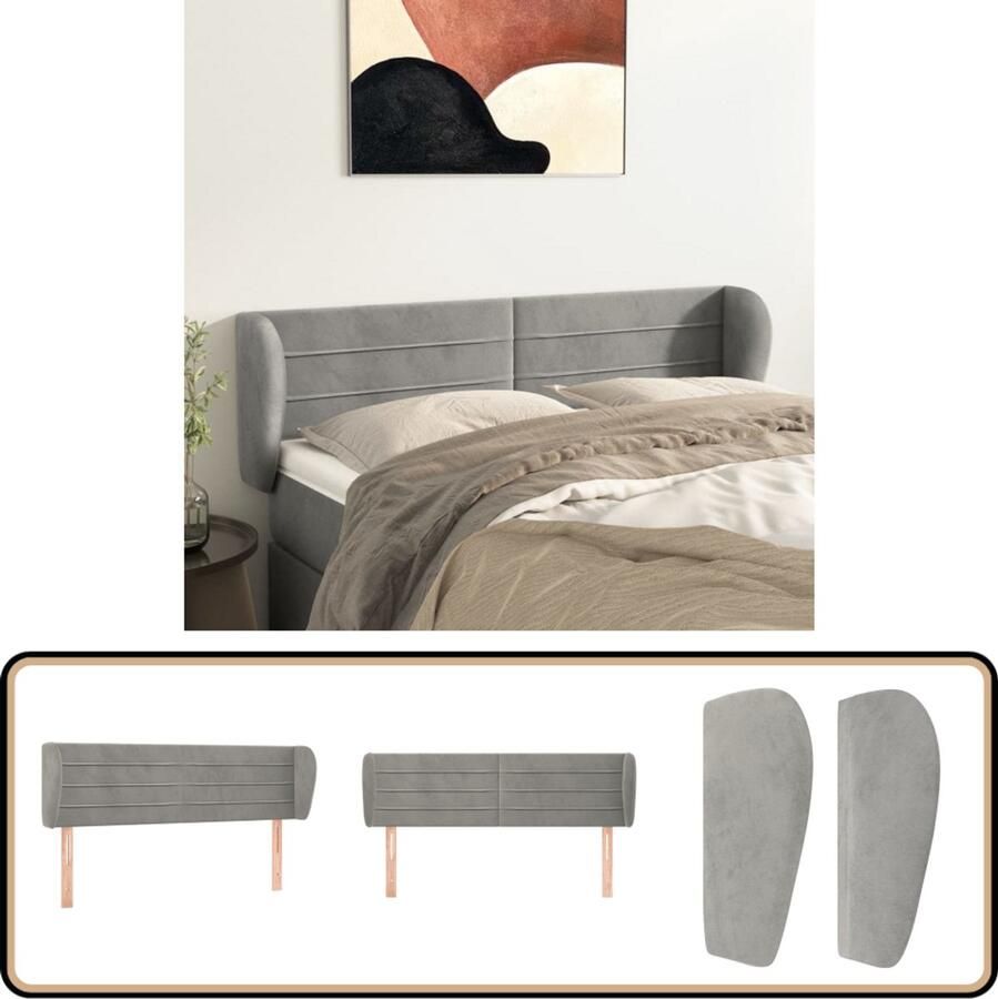 VidaXL Hoofdbord met randen 147x23x78 88 cm fluweel lichtgrijs - Foto 2