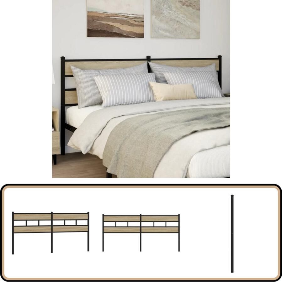 VidaXL Hoofdbord 180 cm IJzer en Hout Sonoma Eiken Hoofdbord Beddecoratie Houten Hoofdbord Industrieel Hoofdbord Zwarte Hoofdbord
