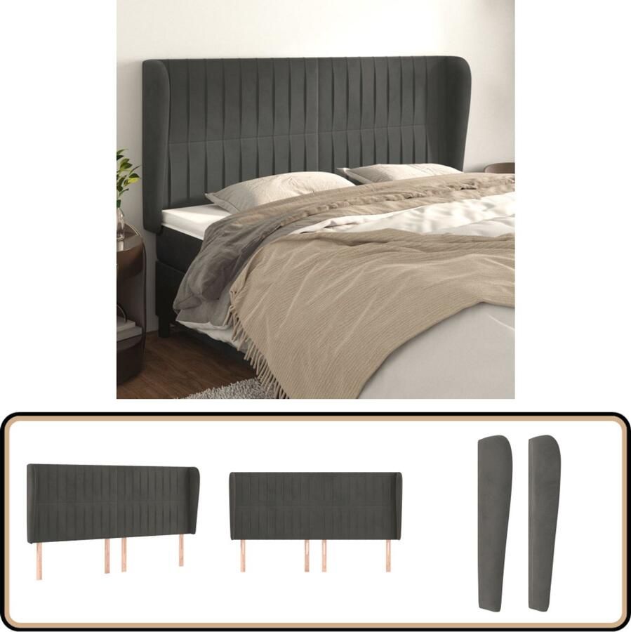 VidaXL Hoofdbord 183x23x118 128 cm Fluweel Donkergrijs Hoofd Bord Hoofdkussen Velvet Grijs Bedbanket Slaapcomfort Bedroom Decor Slaapkamer Accessoires