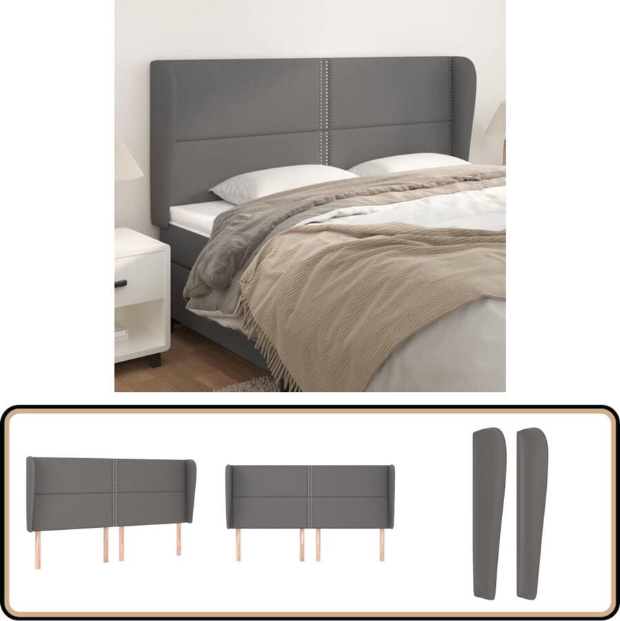 VidaXL Hoofdbord 183x23x128 cm Kunstleer Grijs Hoofd Bord Bed Accessoires Hoofdkussen Slaap Kamer Meubels Kunstleder