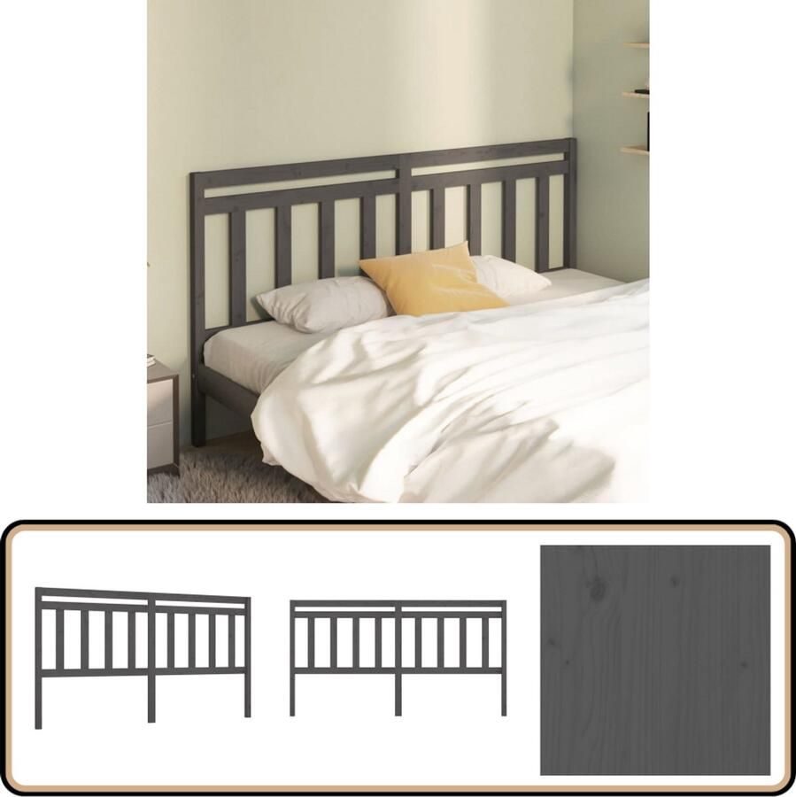 VidaXL Hoofdbord 186x4x100 cm Massief Grenenhout Grijs Hoofd Bord Beddecoratie Houten Hoofdbord Hoofdeinde Klassieke Stijl