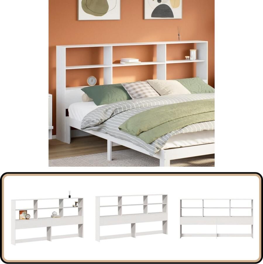 VidaXL Hoofdbord 200 cm met opbergruimte Wit Hoofdbord Bedbank Houten Hoofdbord Massief Hout Opberghoofd Bord