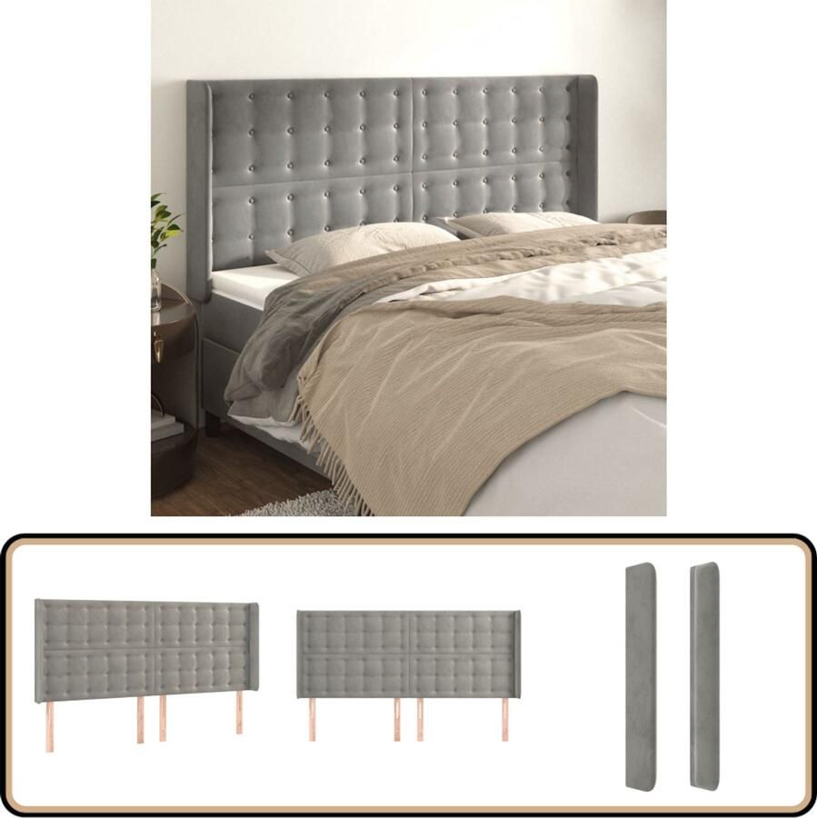 VidaXL Hoofdbord 203x16x118 128 cm Fluweel Lichtgrijs Hoofd Bord Hoofdborden Beddecoratie Fluweel Grijs Lichtgrijs Bed Accessoires Luxe Bed Stapelbed