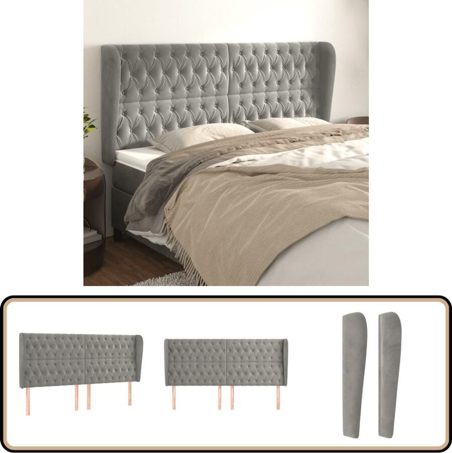 VidaXL Hoofdbord 203x23x118 128 cm Lichtgrijs Hoofd Bord Hoofdeinde Beddecoratie Fluweel Grijs