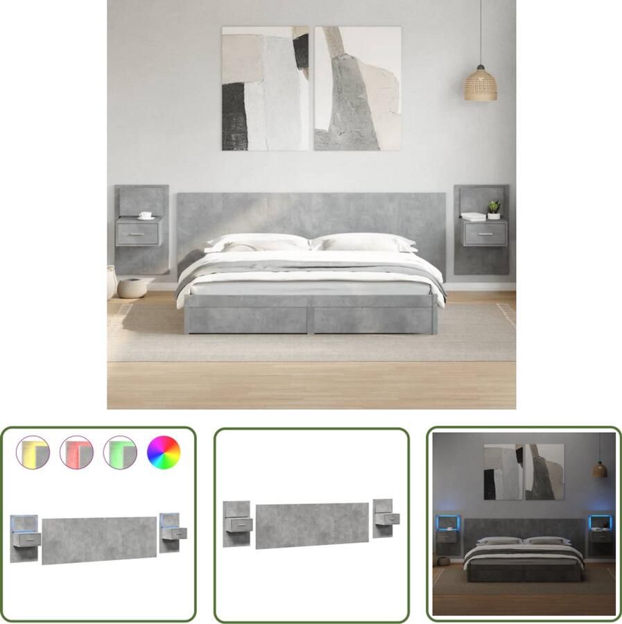 VidaXL Hoofdbord 240 cm met Nachtkastjes Grijs Hoofdbord Grijs Bedsteedelkast Houten Hoofdbord Modern Hoofdbord Industrieel Hoofdbord Slaapkamersdecoratie Led Verlichting Hoofdbord Nachtlampjes