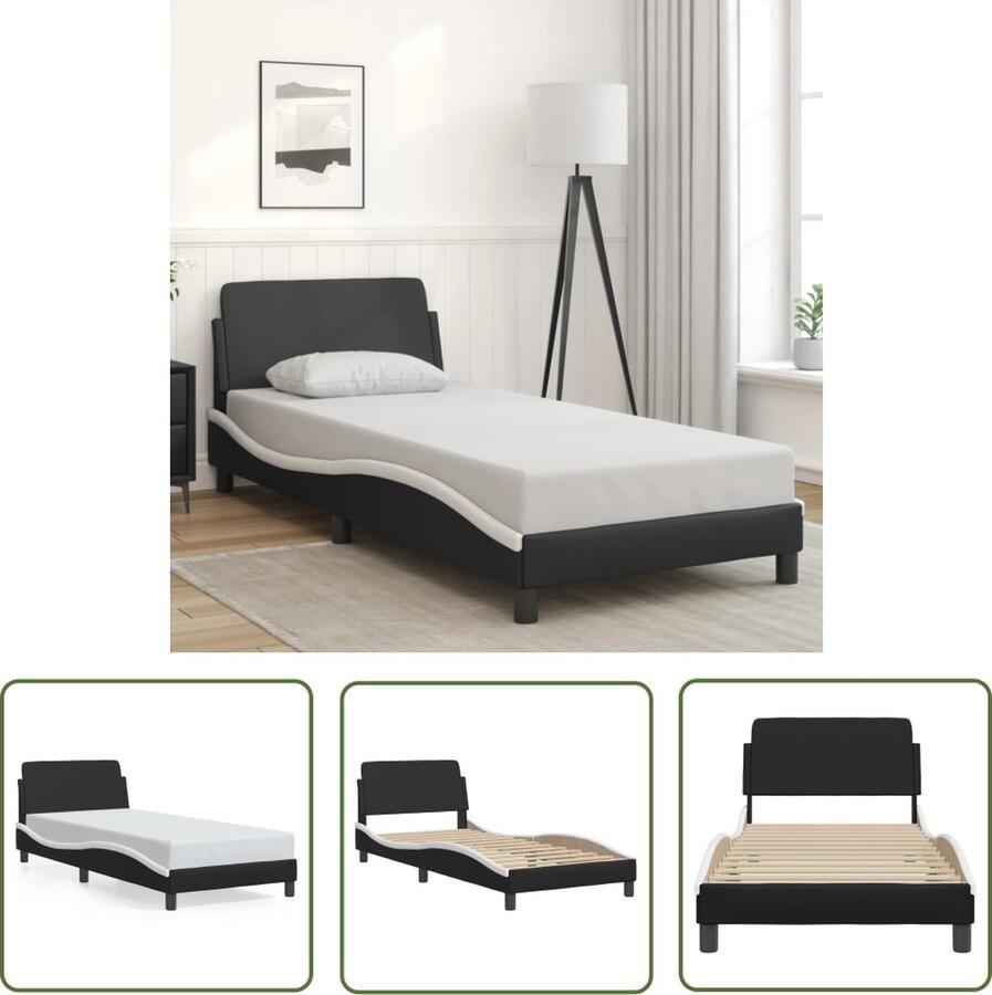 The Living Store Bedframe Kunstleer Zwart Wit 218 x 95 x 74.5 cm Duurzaam Kunstleer Kunstleder Bed Hoofdbord Bed Tweepersoons Bed Modern Bed Minimalistisch Bed