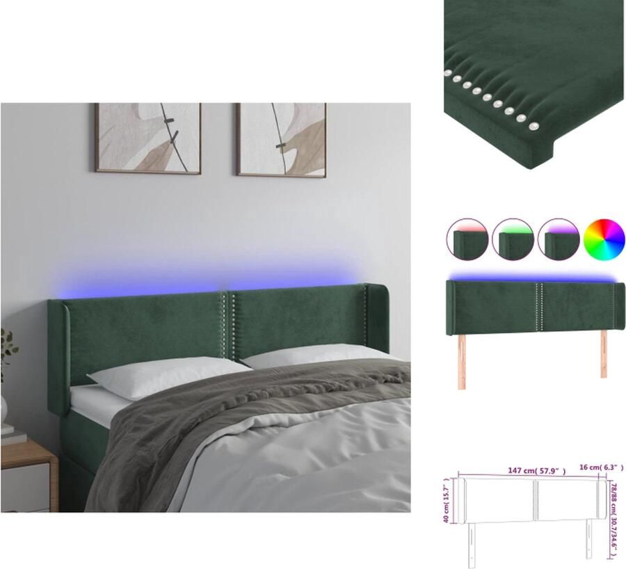 VidaXL Hoofdbord Fluweel LED-verlichting Verstelbaar Comfortabele ondersteuning Snijdbare LED-strip Donkergroen 147 x 16 x 78 88 cm Bedonderdeel - Foto 2