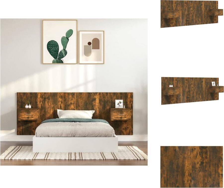 VidaXL Hoofdbord en Nachtkastjes Gerookt eiken Stevig materiaal Wandmontage Opbergruimte Afmetingen- 120 x 80 cm Montage vereist Bedonderdeel
