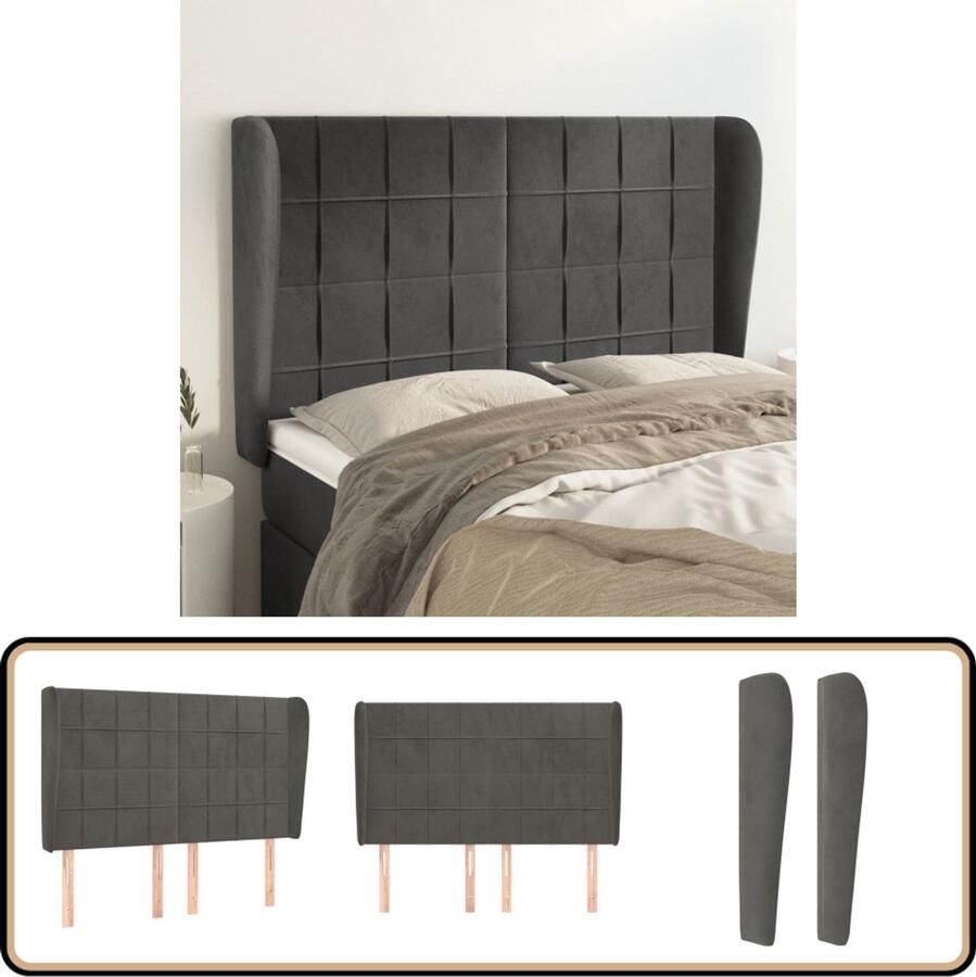 VidaXL Hoofdbord Fluweel 147x23x118 128 cm Donkergrijs Hoofd Bord Hoofdeinde Beddecoratie Velvet Grijs Luxe Comfort