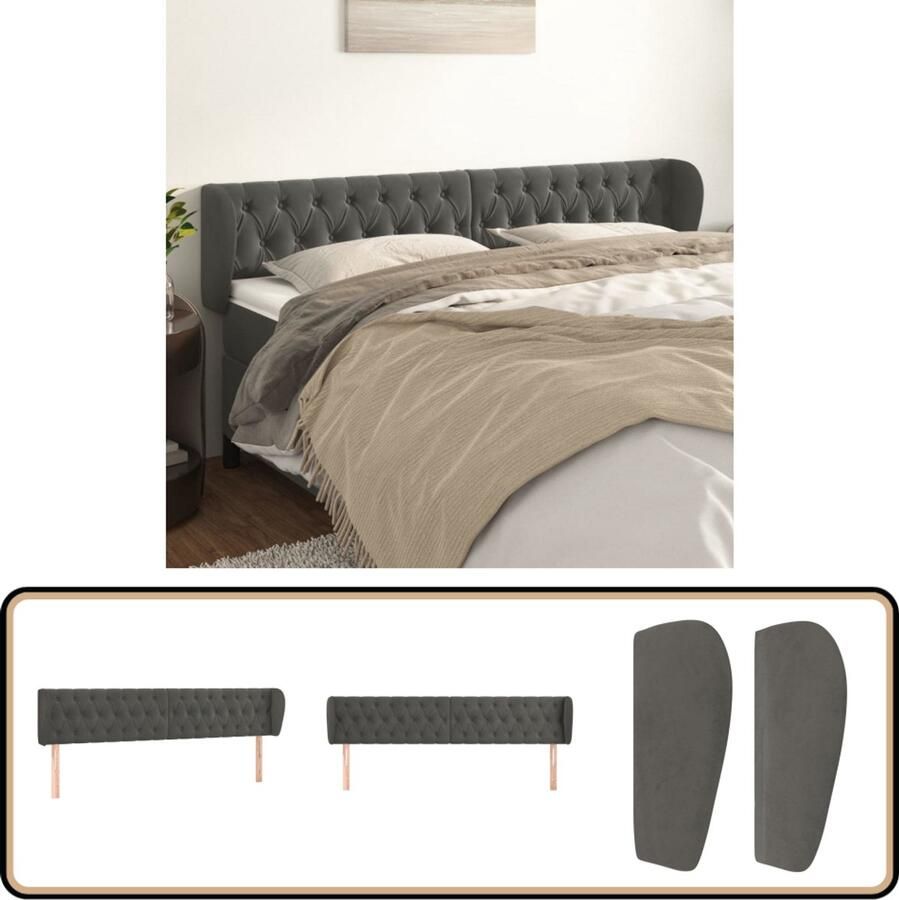 VidaXL Hoofdbord Fluweel 183x23x78 88 cm Donkergrijs Hoofd Bord Hoofdeinde Fluweel Grijs Beddecoratie Slaapkamers Luxe