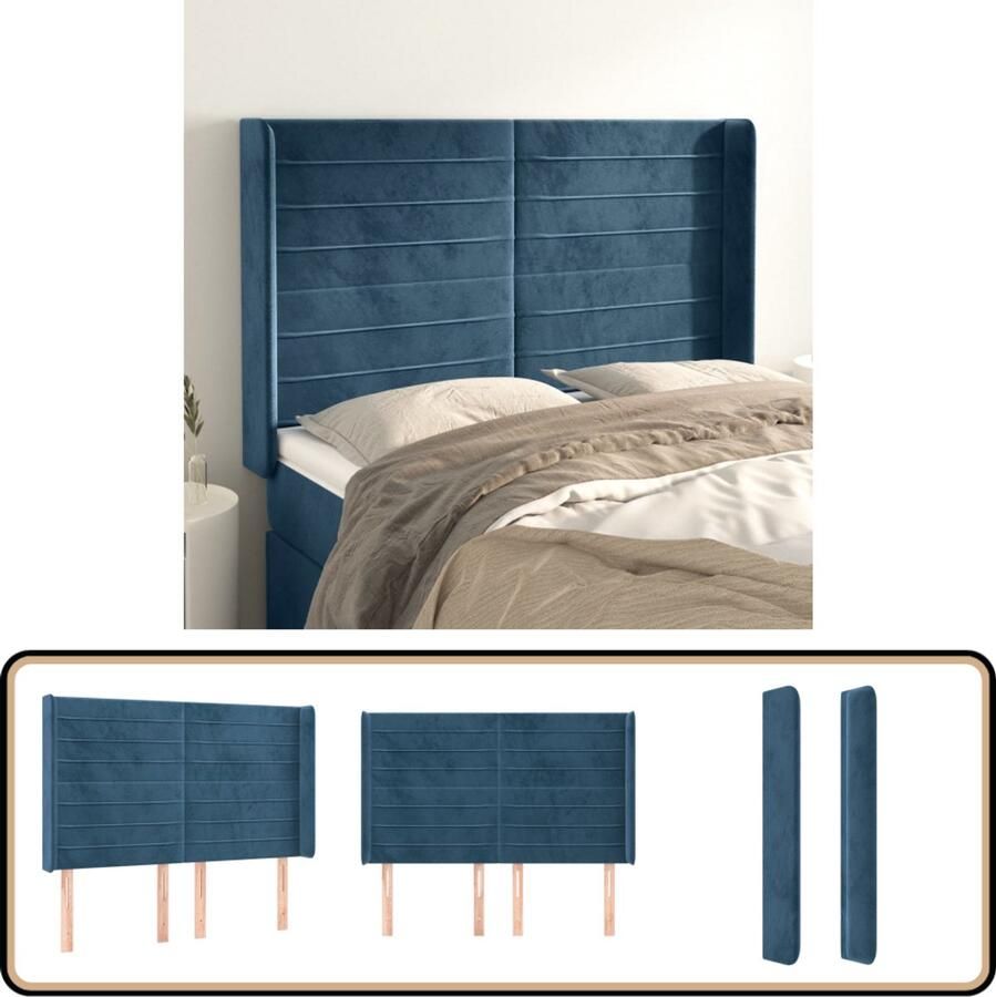 VidaXL Hoofdbord Fluweel Donkerblauw 147x118 cm Hoofd Bord Hoofdbord Beddecoratie Velvet Blauw Donkere Kleuren Luxe