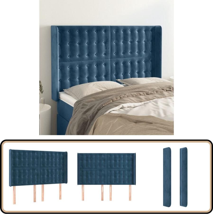 VidaXL Hoofdbord Fluweel Donkerblauw 147x16x118 128 cm Hoofd Bord Hoofdkussen Velvet Blauw Slaapkamervloerdecoratie Bed Accessoires Bedroom Decor