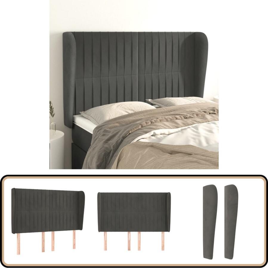 VidaXL Hoofdbord Fluweel Donkergrijs 147x23x118 128 cm Hoofd Bord Hoofdkussen Velvet Grijs Tweepersoonsbed King Size Bed Bedroom Decor Slaapkamers