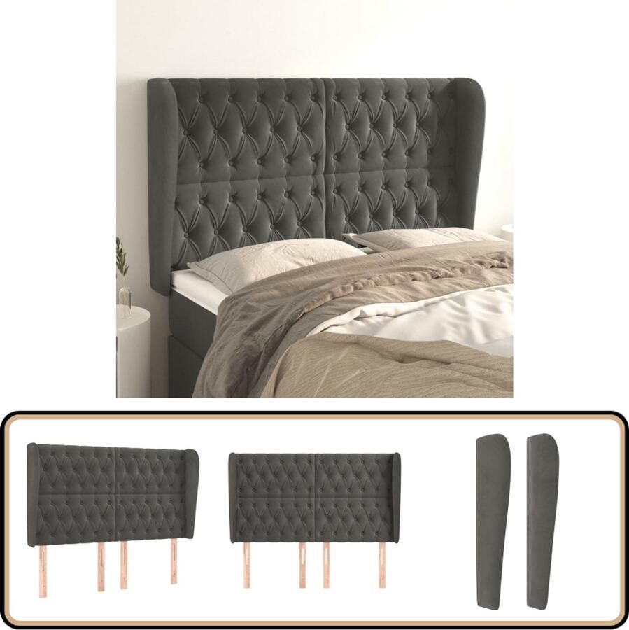 VidaXL Hoofdbord Fluweel Donkergrijs 163x23x128 cm Hoofd Bord Hoofdkussen Bedding Accessoires Luxe Bed Velvet Bedhead