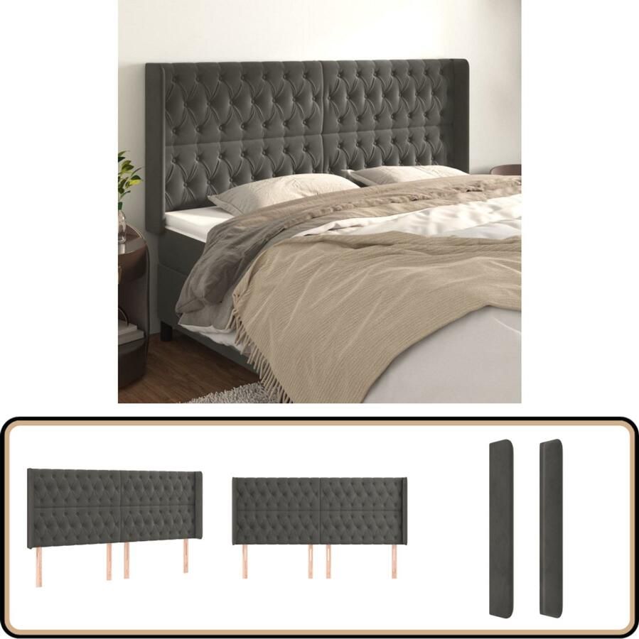 VidaXL Hoofdbord Fluweel Donkergrijs 183x118 128 cm Hoofd Bord Hoofdkussen Bed Accessoires Velvet Grijs