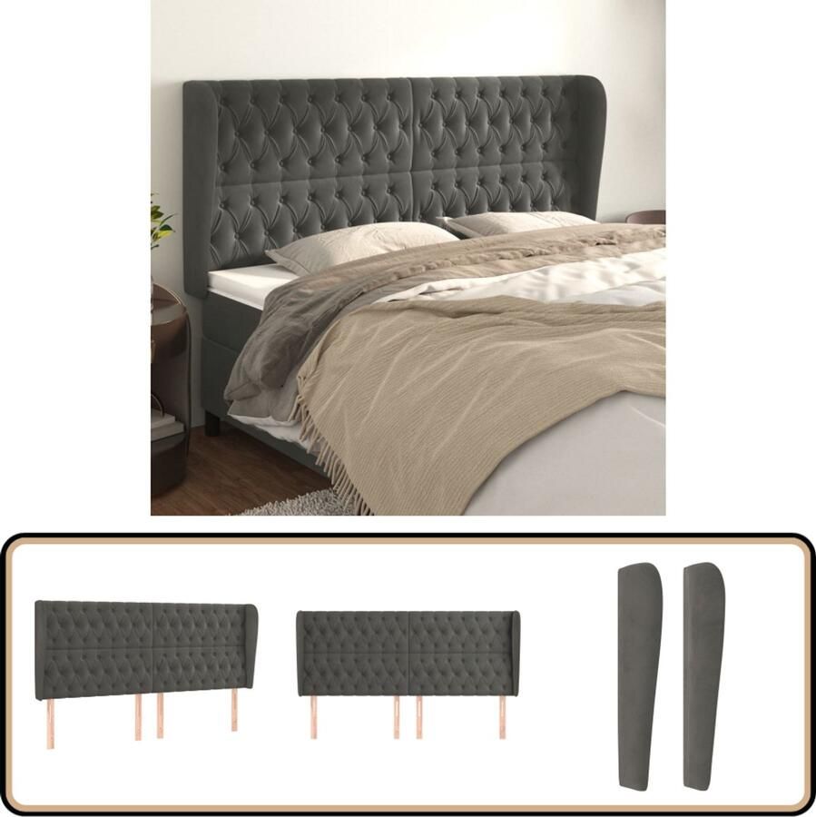 VidaXL Hoofdbord Fluweel Donkergrijs 183x23x118 128 cm Hoofd Bord Hoofdborden Tweepersoonsbed Donkere Kleuren Luxe Interieur