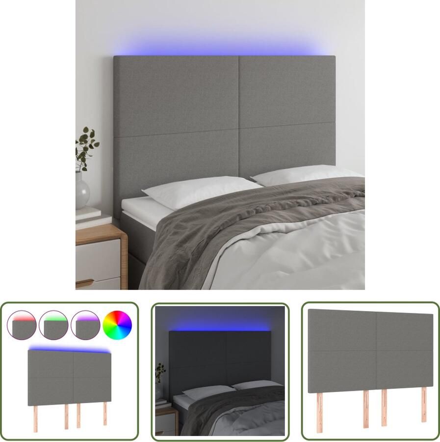 The Living Store Hoofdeind LED-strips Donkergrijs 144 x 5 x 118 128 cm Verstelbaar Duurzaam Kleurrijk USB-aansluiting Hoofd Bord Led Hoofdbord Grijs Hoofdbord Usb Led Lampen Slaap Kamer Meubilair