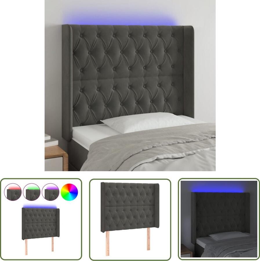 The Living Store LED-hoofdbord Donkergrijs 93x16x118 128 cm Verstelbaar Zacht fluweel Kleurrijke LED-verlichting Snijdbare LED-strip USB-aansluiting LED Hoofdbord Grijs Fluweel Hoofdbord Led Lampen Hoofdbord Met Licht