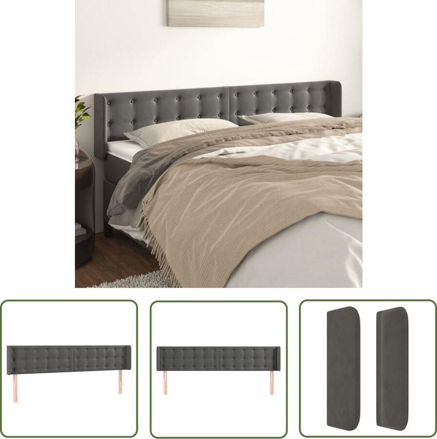 The Living Store Hoofdeind Hoofdeinden 183x16x78 88 cm Donkergrijs Fluweel Houten poten Hoofd Bord Hoofdbord Velvet Grijs Slaapkamers