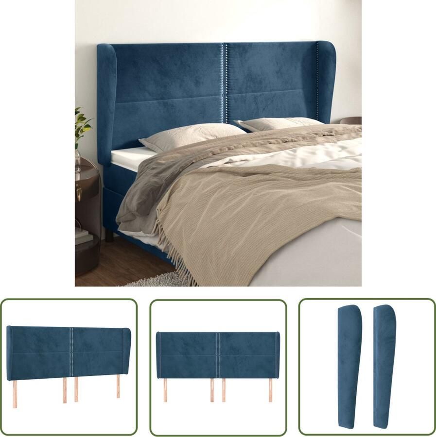 The Living Store Hoofdbord met randen 183x23x118 128 cm fluweel donkerblauw Hoofd Bord Hoofdbord Beddecoratie Velvet Blauw