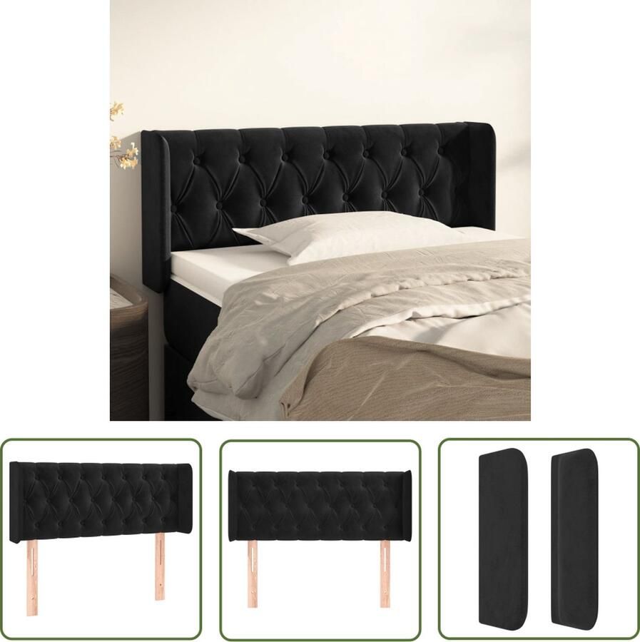 The Living Store Hoofdeind Zwarte Stoffen 93x16x78 88cm Met verstelbare hoogte en stevige houten poten Hoofd Bord Hoofdbord Beddecoratie Zwarte Stoffering Velvet