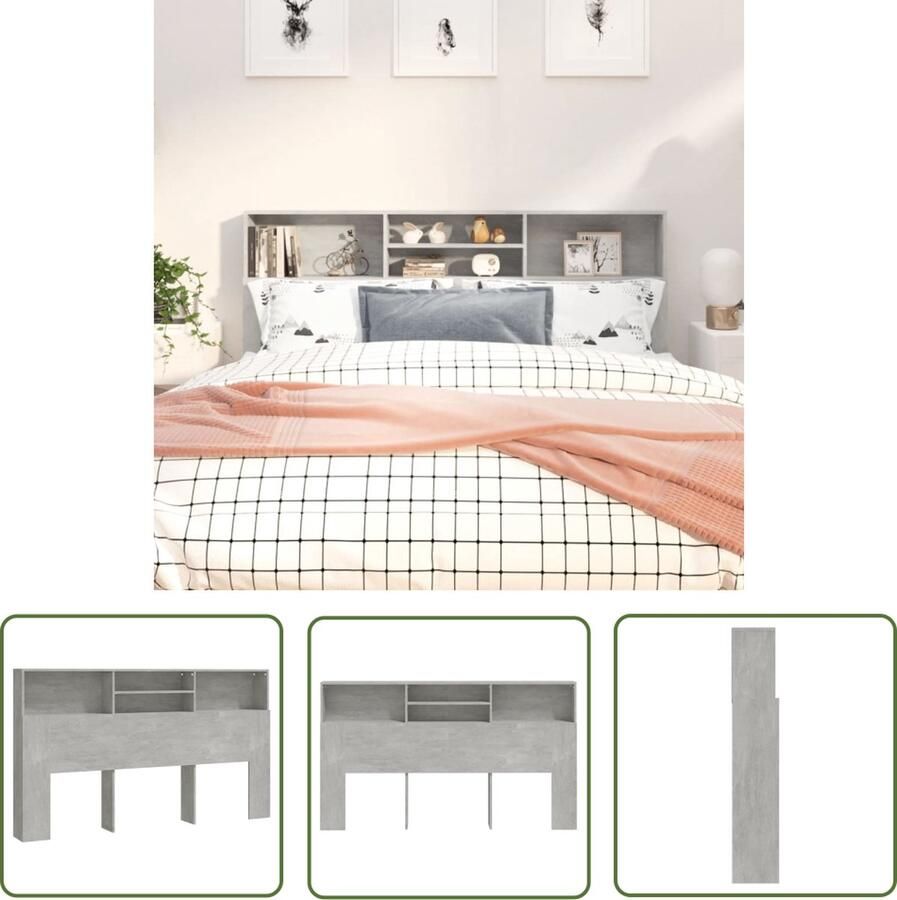 The Living Store Wandhoofdbordkast Betongrijs 180 x 19 x 103.5 cm Bewerkt hout Hoofd Bordkast Hoofdbord Beton Grijs Slaapkamer Meubels Houten Headboard