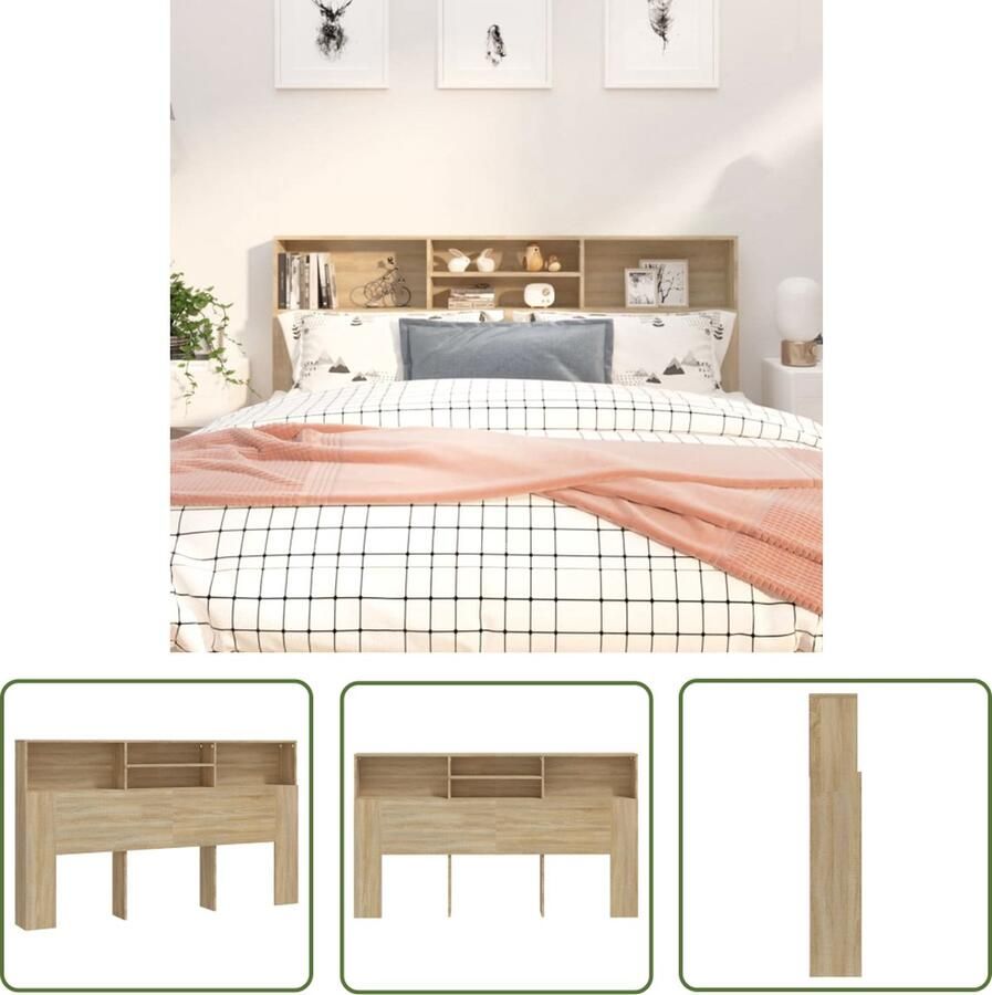 The Living Store Hoofdbordkast Sonoma eiken 180 x 19 x 103.5 cm Montage vereist Hoofd Bordkast Hoofdbord Slaapkamer Meubels Houten Hoofdbord Bergruimte Hoofdbord